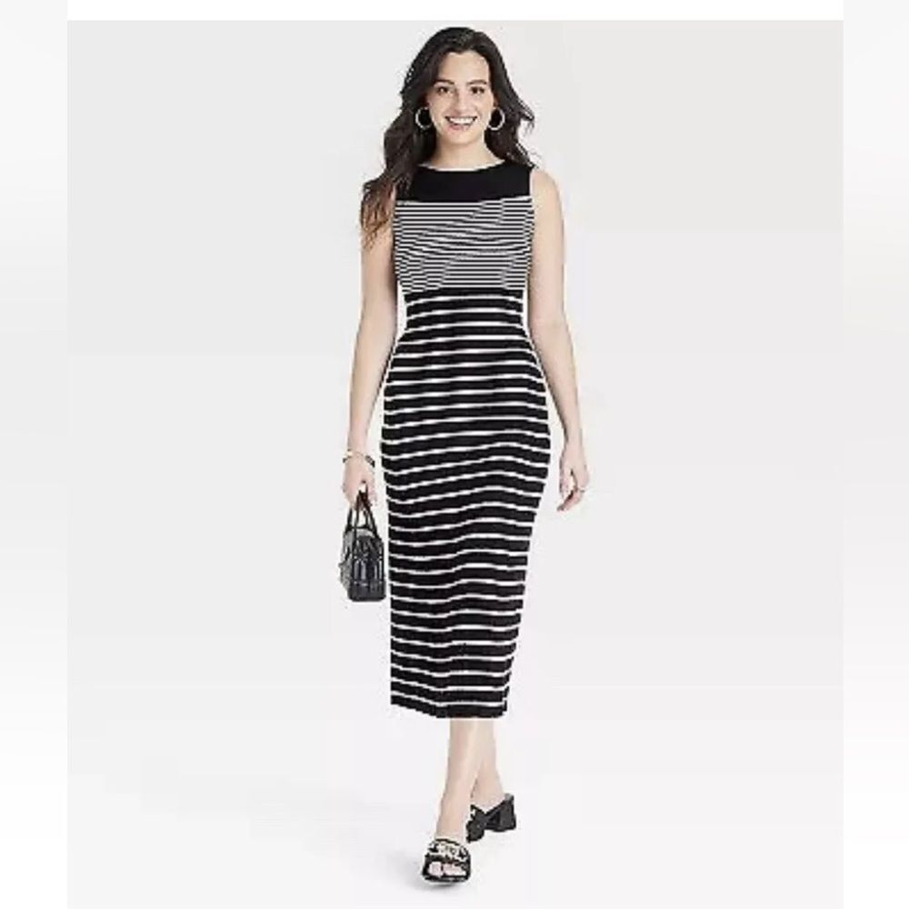 Women's Faux Plisse Midi Sweater Dress - A New Day Black/White Striped